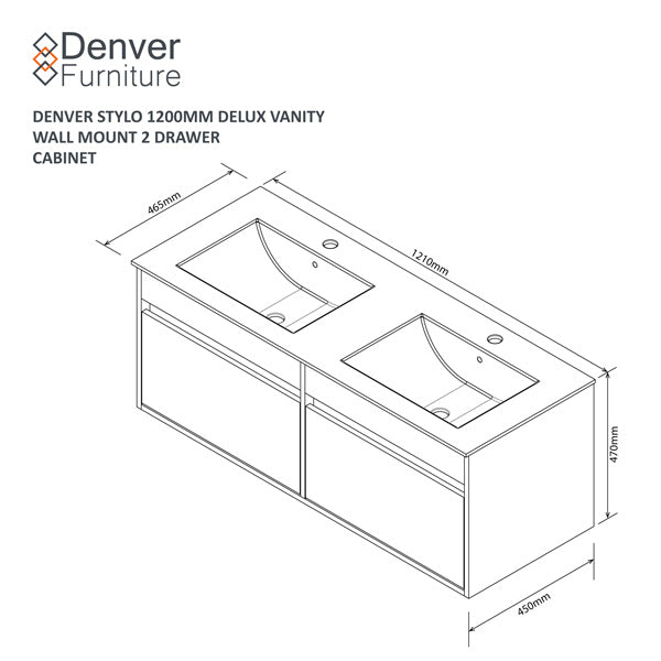 Stylo Deluxe Floating Vanity  | 2 Drawer | 1200 | Washed Shale